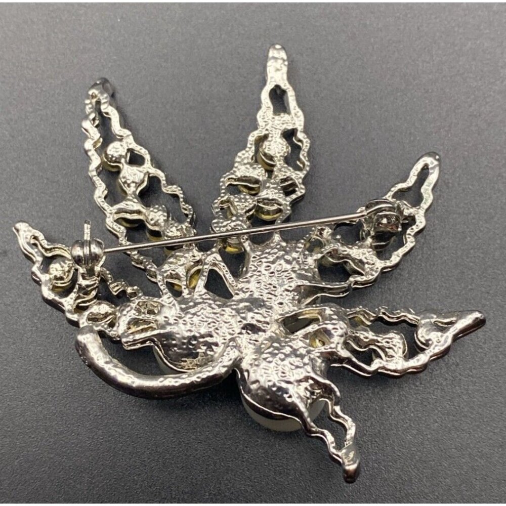 Crystal Bridal Brooch Pin Faux Pearl Silver Tone Filigree Leaves Prom Pageant 2" - Picture 5 of 9